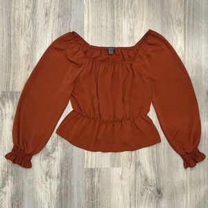 Primark Burnt Orange Long Balloon Sleeve Shirt Cropped Blouse Stretch Top Size 6